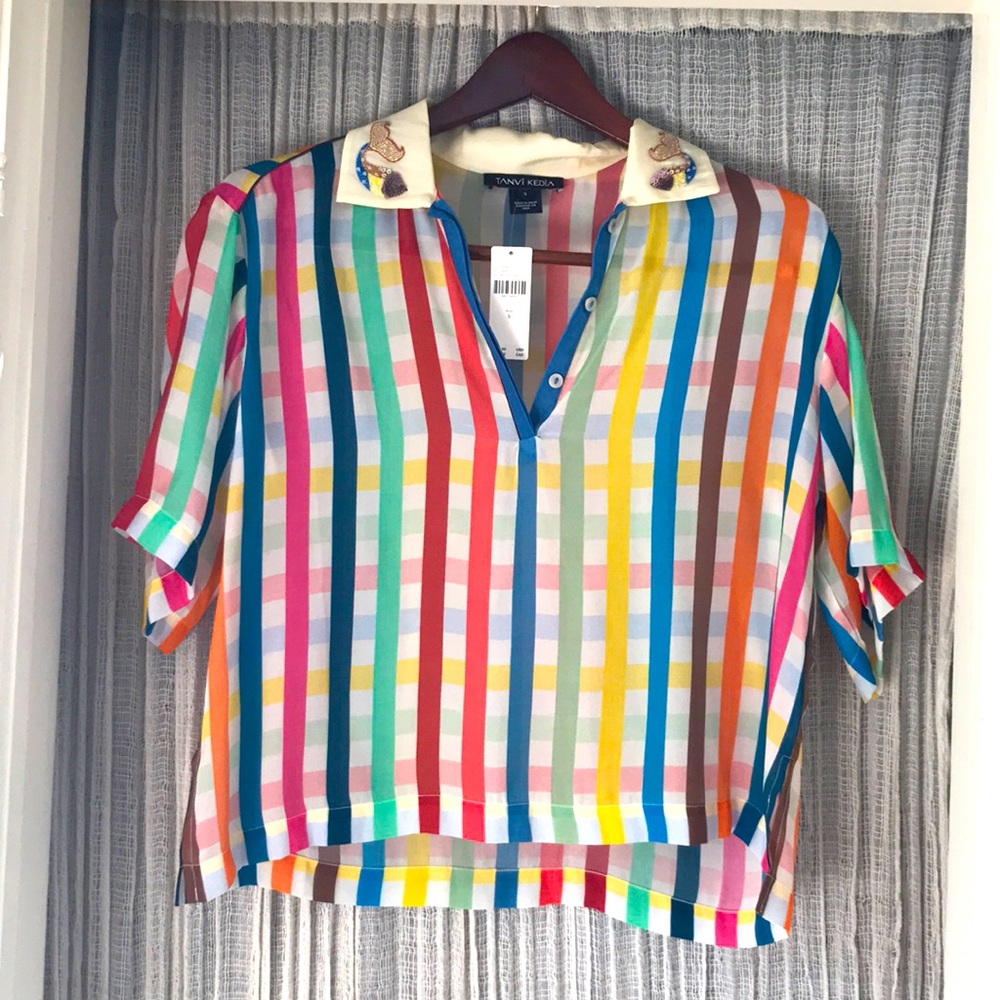 Rainbow Gingham Crop Shirt, Size S, Anthropologie